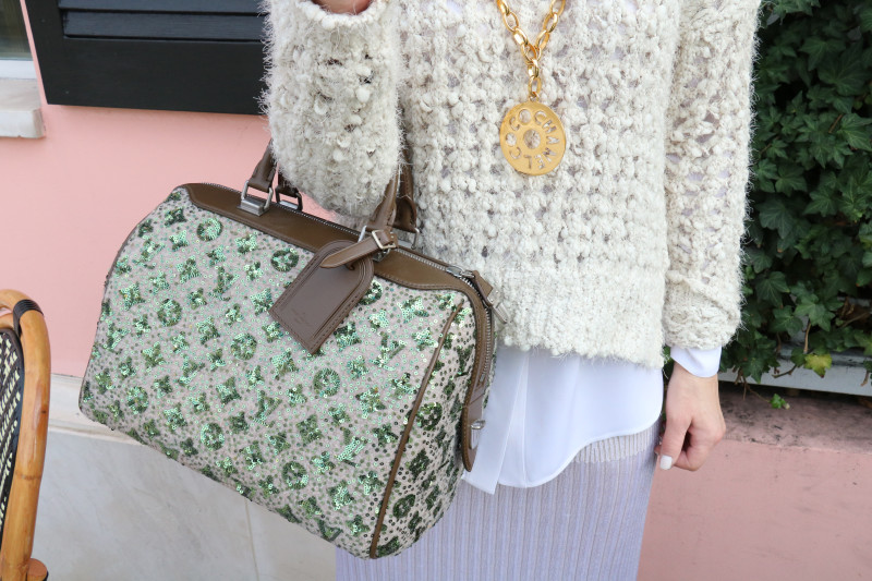 Laura-Dunn-reviews-Spring-2016-fashion-pennies-and-posh-crewneck-sweater-wildfox-lush-Saint-Laurent-Louis-Vuitton-bag-sequin-Chanel-vintage-necklace-Dior-So-Real-sunglasses-Ronny-Kobo-skirt