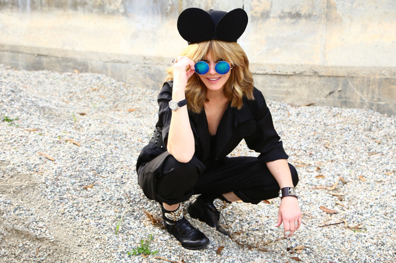 Laura Dunn fashion personable Replica black jumpsuit Benoit Missolin mickey mouse hat swarovski embellished military style ankle boots