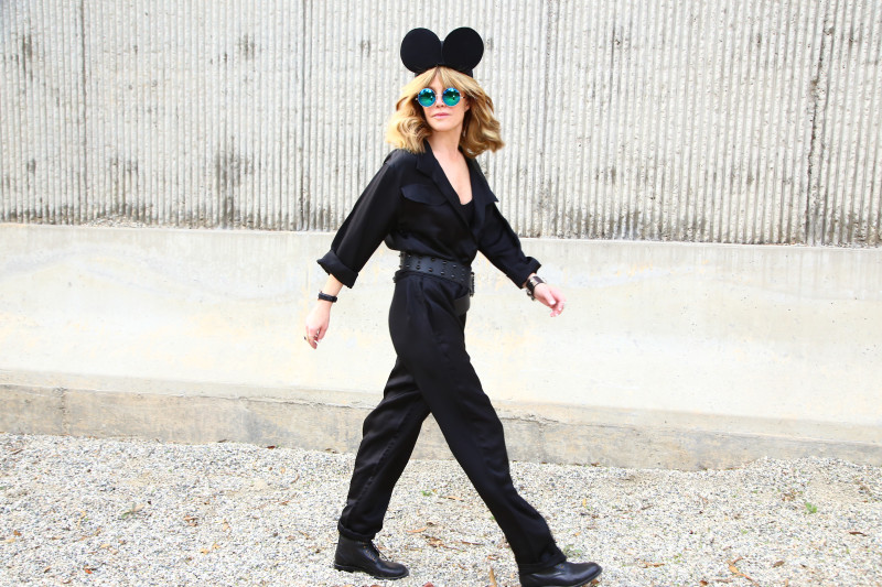 Laura Dunn fashion personable Replica black jumpsuit Benoit Missolin mickey mouse hat swarovski embellished military style ankle boots