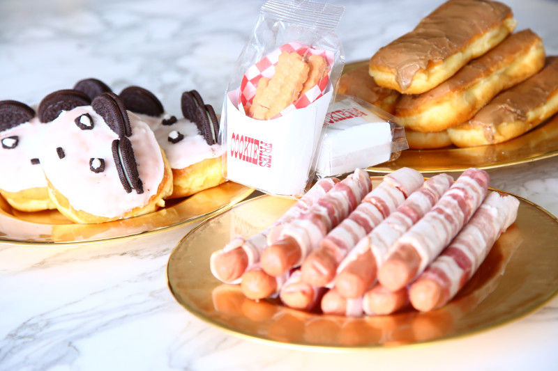 Laura Dunn Michael Kors sequin stripe sweater bacon wrapped hot dog maple glazed donut food blog recipe idea