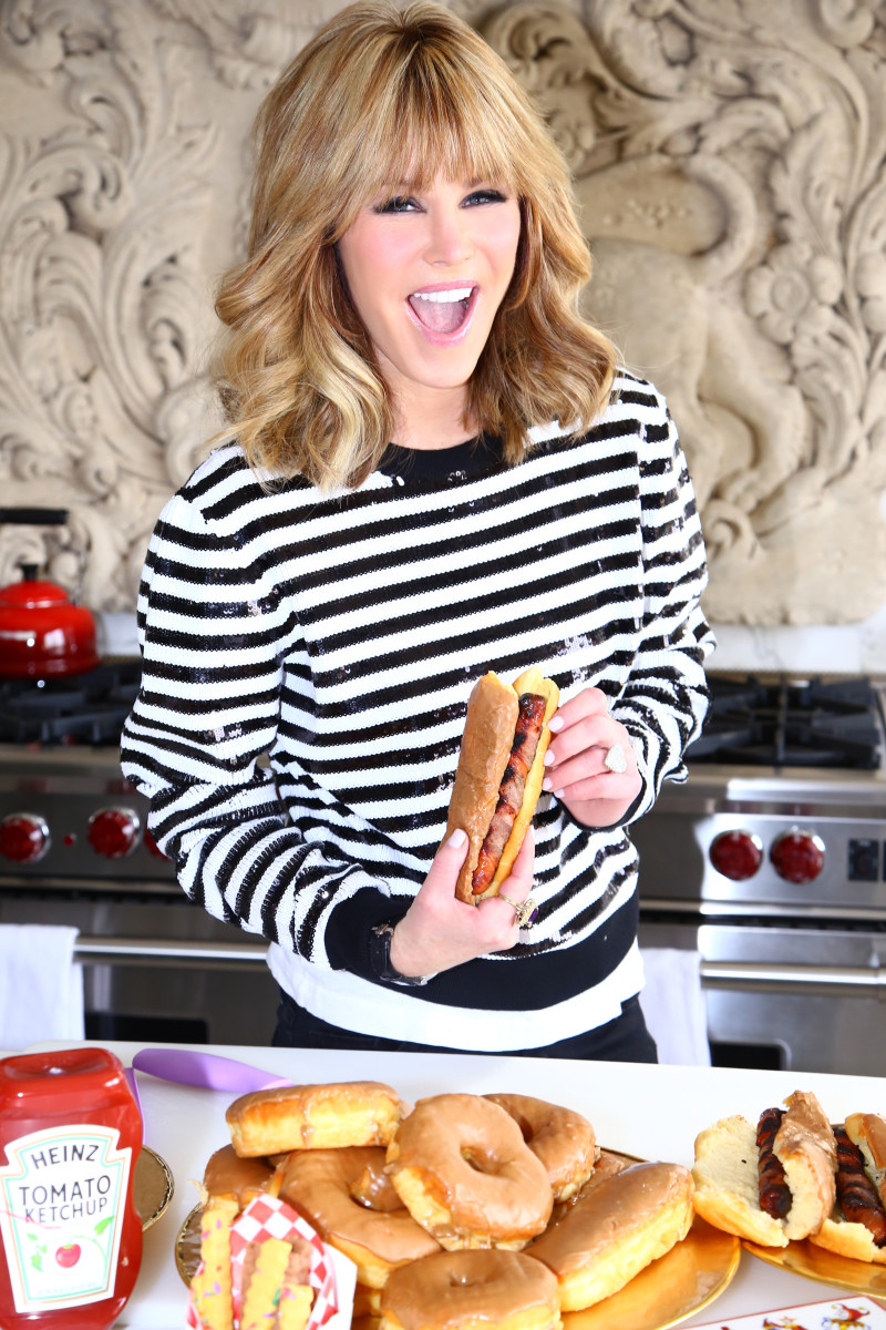 Laura Dunn Michael Kors sequin stripe sweater bacon wrapped hot dog maple glazed donut food blog recipe idea