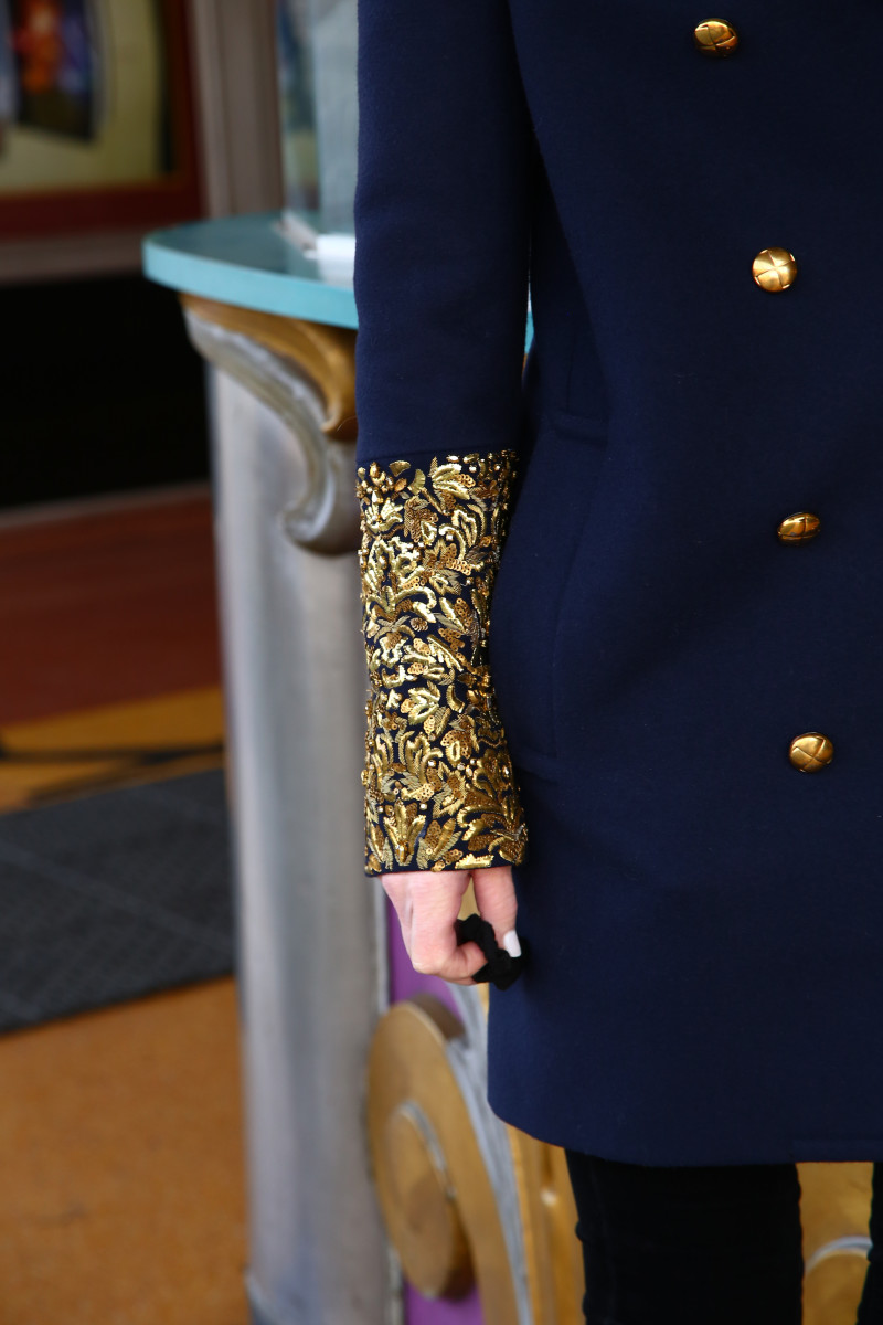 Laura Dunn Michael Kors Collection gold sequin embellished cuff coat navy fashion blog style
