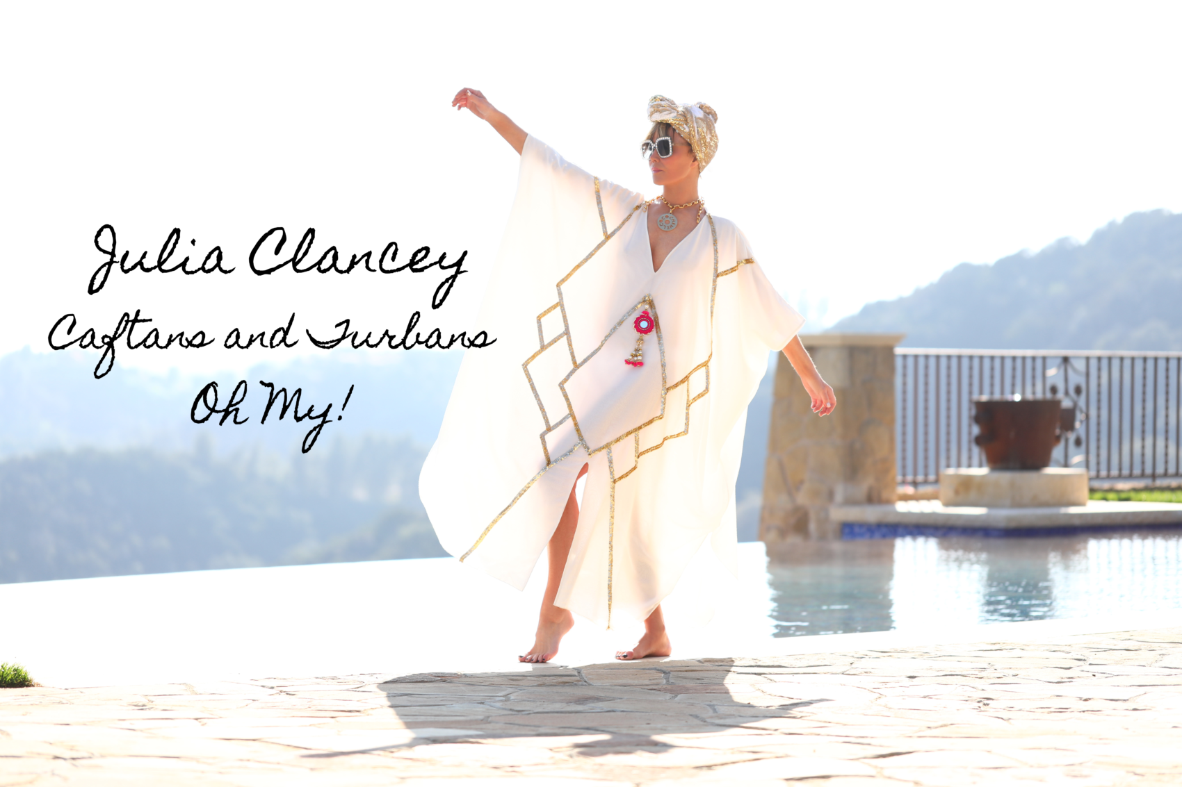 Laura dunn in Julia clanky white caftan and gold and white sequin turban